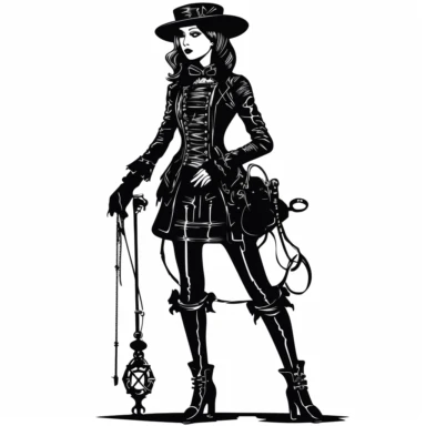 goth steampunk girl entire body illustration clipart by holly hobbie, comic style illustration, in the style of stencil-based, one color solid-crisp-black vector on white, thick outline style