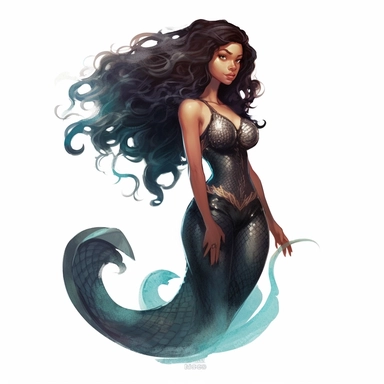 a charming black mermaid, mermaid fin, full body, artistic interpretations, watercolor, in the style of artgerm, 2d game art, quadratura, clipart, on white blackground,