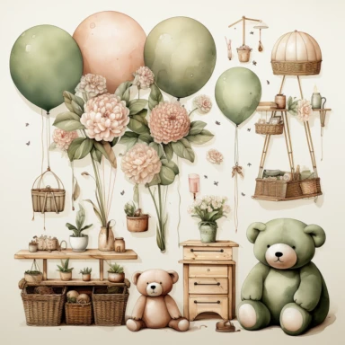 watercolour, baby theme, clipart, soft and muted pastel nuances, white background