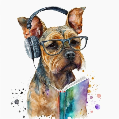 Cute dog He reads a book puts headphones dancing watercolor clipart best puts on glasses