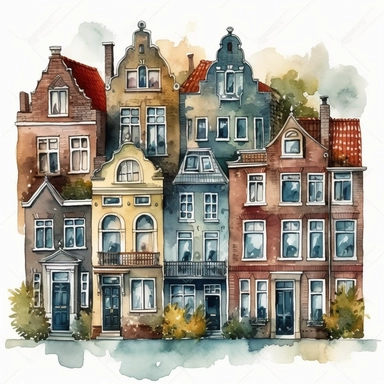 Dutch houses, clipart, watercolor, illustration