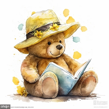 clipart of watercolor style, smiling yellow teddy bear wearing a straw hat looking a book, cinematique, smiling face, detailed Footpad texture, white background, hight detailed,no texte, no deformed, dynamic pose v4