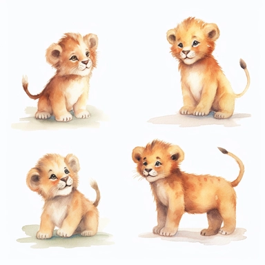 A charming watercolor lion clipart bundle, the side view of a baby lion walking with grace and elegance. showcasing an adorable lion cub engrossed in playful activities. Against a clean white background, the watercolor painting depicts the cub's unbridled enjoyment and sense of fun. This cute baby animal clipart bundle infuses designs with a lively and joyful atmosphere, creating a delightful and engaging visual experience. play with ball /artistic_style:Watercolor painting /background:white /su