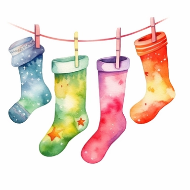 watercolor style, hanging Christmass socks, clipart,On White Backgroud
