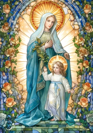 A sharp photograph of an expensive portrait, pay particular attention to the shape of your hands, less watercolor stained glass Madonna and child with matching crowns full body clipart, the Madonna is wearing a medium aquamarine blue mantle with bright white stars on it and the child is wearing a bright white robe, behind them is shimmering bright light, around many blue roses, highly detailed, white background, in the style of Catholic religious art, artist Andrea Lezcano, Vincent Van Gogh, in 