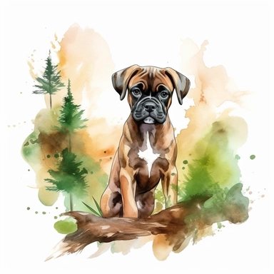clipart, watercolor woodlands, boxer puppy