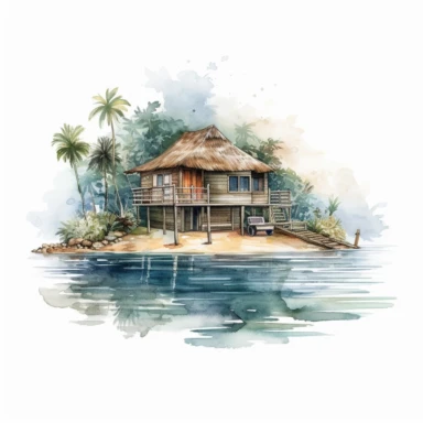 a watercolor of a tiny island in the middle of the ocean, there is a modern beach house with wooden cottage clipart, white background