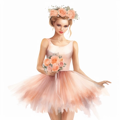 Make a clipart of a beautiful photorealistic ballerina in a coral color jeweled tutu, give her light brown hair wearing a jeweled tiara, make her holding a bouquet of peach colored longstemmed roses, show her full body use pastel colors, watercolor style, white background