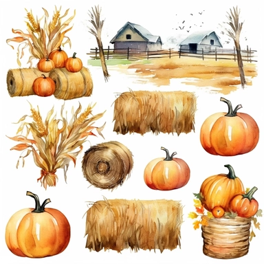 Design clipart featuring fall-themed decorations like bales of hay, cornstalks, and scarecrows adorning the pumpkin patch. watercolor on white background