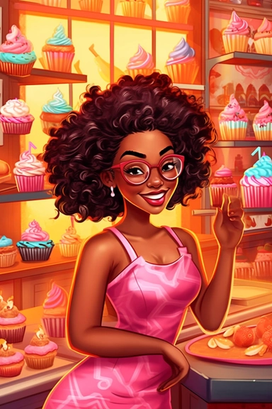 gorgeous sweet black woman, clipart, cartoon illustration, cupcake prodigy, christa mckenzie pose and head pose photos a new cupcake business website, in the style of vibrant bakery backdrops, synthetism-inspired, pop cultural, 32k uhd, smilecore, embroidery art, bold curves