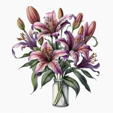 Watercolor realistic detailed purple tiger lily bouquet in a vase clipart, white background, no text