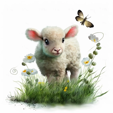 clipart watercolor cute baby sheep small on the grass trying to catch butterfly