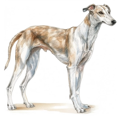 greyhound, happy, whole body, standing, clipart, hand-drawn clipart, realistic, clear lines, neutral watercolor, isolated, white background,