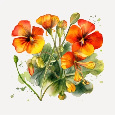 watercolor illustration of Nasturtiums flowers, watercolor clipart, watercolor splashes, spring boho vibes, 4k uhd, realistic floral portrait, white background