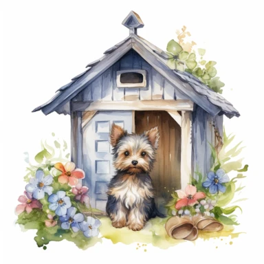 watercolor cute dog house clipart on a white background