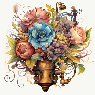 Transport your audience to a mesmerizing realm where steampunk aesthetics meet the fluid beauty of watercolor with this captivating collection of floral arrangements clipart. Harness the expressive power of watercolor as the artistic medium, allowing its translucent layers and delicate brushstrokes to bring life to the steampunk-inspired compositions. Infuse the artwork with the distinctive elements of steampunk culture, referencing the works of authors like H.G. Wells and incorporating imagery 