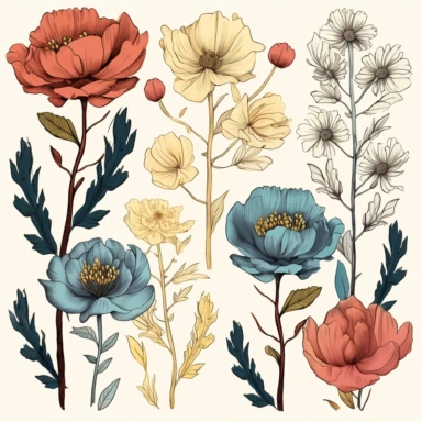 atercolor, handpainted floral clipart, transparent background, 6 elements evenly spaced out by 1 inches