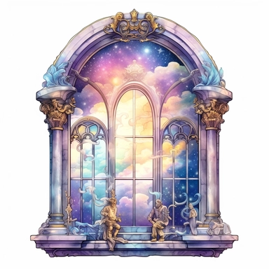 Celestial galaxy Fantasy Victorian window Clipart, Watercolor, hyper realistic, intricate detail, illustration style, high resolution, on the white background