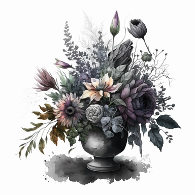clipart watercolor detailed and realistic. on white background. beautiful flower tribute, Bouquet. dark theme, greyscale - loss funeral Themed tribute bouquet