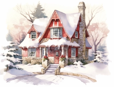 stunning red fairytale Christmas cottage in snow , beautiful Christmas clipart, soft faded colors, beautiful watercolor art by Marjolein Bastin, Thomas Kinkade, Carl Larsson, Norman Rockwell, Susan Wheeler, white background