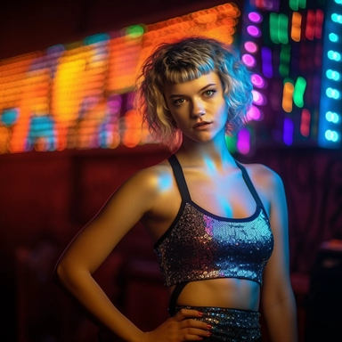Full body Photograph of a young woman wearing a very tight short top and sparkly a line skirt, cute hair clips in her hair, neon retro club backdrop, Y2k 00s nostalgia, Multiverse, 32k, Super - Resolution, Megapixel, DOF, Depth of field, ProPhoto RGB, chiaroscuro, f1. 4, cinematic, award winning, daylight + professional lighting + film lighting + Canon medium format + 85mm + anamorphic + lightroom + cinematography + bokeh + lens flare + film grain + HDR10 + 8K, HD, negative space, daylight, focu