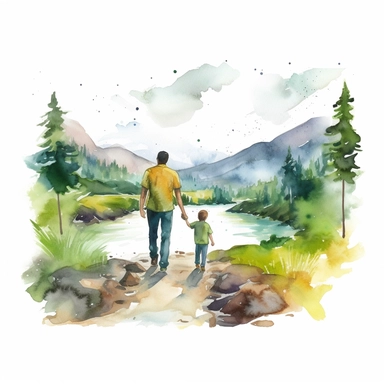 Father and child holding hands and walking through a scenic landscape, water color style, clipart, white background