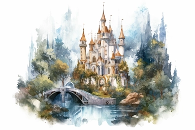 watercolour vintage fairy castle in hidden forest clipart, hd, isolated on white background, spaced out