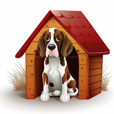 cartoon dog sitting in red doghouse clipart white backround