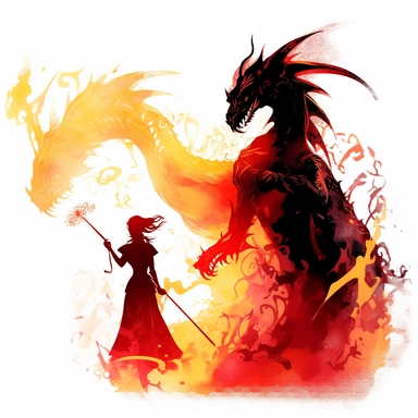 white background, airbrush, digital illustration, Dragon and witch silhouette, A shadowy outline of a witch and dragon, creating an air of mystery and intrigue. the color palette is Fiery and Bold: Shades of red, orange, and gold can give the dragon witch clipart a bold and fiery look, emphasizing the dragon's powerful and fierce nature. in the style of Aleksi Briclot. The image is in a beautiful gothic romanticism style. in the center of the image, white background