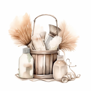 beige and neutral water colour clipart of cleaning or janitorial supplies to be used on professional cleaning business documents. make them in basket or two that is aesthetically arranged and with a feather duster. ar 3:2