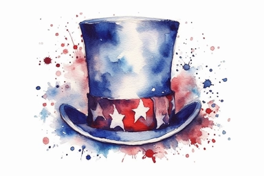 watercolor, patriotic, red white and blue top hat, clipart, hd, on white background, spaced out,