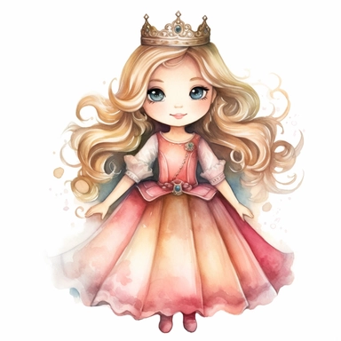Toddler princess aurora cartoon watercolor, round face delicate her long hair sharp and detailed her outfit like the original princess, character should be well drawn with soft tones a very clear smile confident and a head lightly painted in watercolor the character should be on a white background clipart