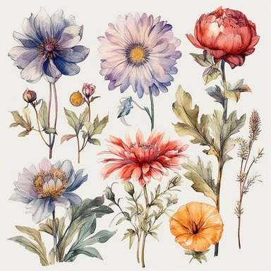stunning clipart artworks of flowers and plants in a light and minimalistic style, The focus will be on the delicate beauty of each individual flower or plant, which will be separated from the others and isolated on a white background, Use a prominent watercolor style to make it evident that each artwork was painted using the delicate and intricate watercolor technique, Use light colors to bring out the softness of the flowers and plants, while keeping the overall design minimalistic, Each clipa