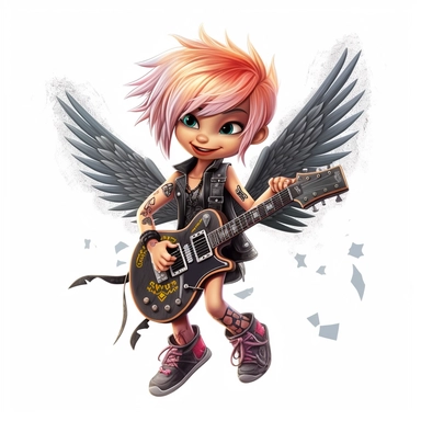 a cartoon girl fairy dressed as a punk rockstar, big wings, playing electric guitar, tattoes, smiling, full body image, pixar style, clipart