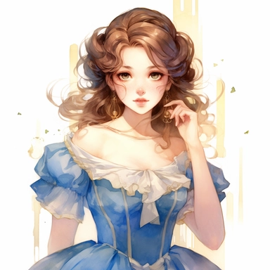 watercolor Belle in her blue village dress from Disney Beauty and the Beast, anime style, clipart, white background, by Kawacy
