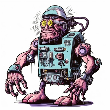 helpful bashful machine troll cyborg, dark electric aura, Basil Wolverton Josh Kirby Dave Gibbons, handpainted enamel punk zine indie retrowave, clipart illustration, solid white background