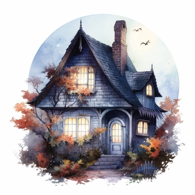 hyperrealistic high detailed witch cottage with fullmoon, watercolor clipart, white background