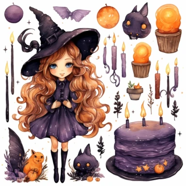 Create a set of hyper-realistic watercolor texture cliparts with a witch birthday theme. Each image should feature a different color palette, adding variety and vibrancy to the collection. The cliparts should include elements such as a cute witch holding a broomstick, a big cake with candles, cupcakes, and various desserts, all rendered in unique pastel colors. Each element should be isolated and placed on a white background, with a margin separating them for easy use. The witch should be depict