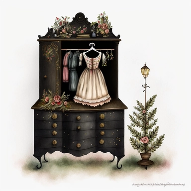 dark academia, christmas dresser, fairytale, folk art, watercolor, white background, clipart