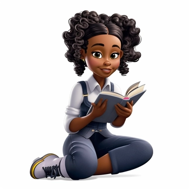 3D toy of a young happy black girl wearing a school uniform outfit sitting down reading a book in the style of boondocks in the style of marvel comics cartoon with white background can't believe how beautiful this is clipart, graphic vector, isolated on white background