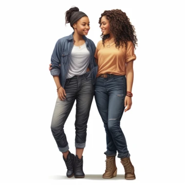 realistic illustration of two female african american friends standing very close to each other. Ladies are wearing denim jeans and a short top, belly is visible, modern look. Clipart, isolated on white background, 4K