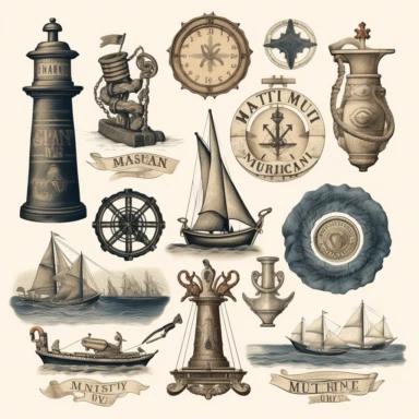 maritim symbols, vintage, clipart, 8k, high detail, white background