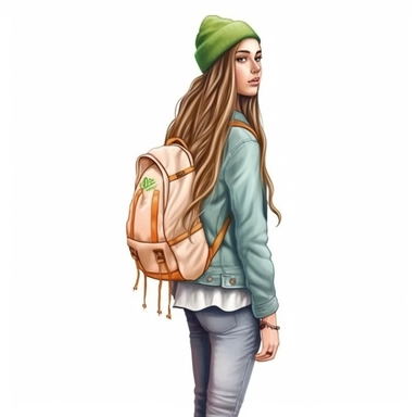 isolated illustration on a white background, a hyper realistic camping girl in a warm green outfit long ultra straight very natural looking long hair holding a backpack, Clipart, trending on Etsy, watercolor realistic and highly detailed, natural realistic warm rich colors