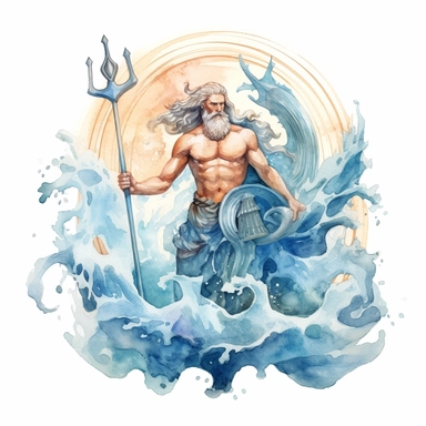 A watercolor clipart of Poseidon, the Greek god of the sea, depicted with a commanding presence, holding a trident and surrounded by crashing waves and sea creatures, capturing the essence of his dominion over the oceans