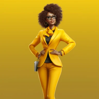 a cartoon boss lady woman with beautiful afro hair, glasses and a yellow jacket, in the style of afro-american influence, realistic color palette, studio portrait, bold curves,, crisp and clean look,, clipart doll style, full body--ar 3