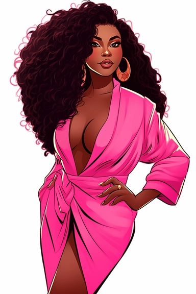 Cartoon Black Skin African American Clipart Plus size Beautiful Rich Woman Wearing pink neon suit wearing gold jewelry having beautiful face long eyelashes and beautiful lips beautiful long hair confident confident wearing high heels no text