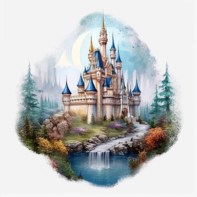 Watercolour animated whimsical beautiful Disney inspired beautiful fairytale castle Disney inspired fairytale castle beautifully detailed perfect details ultra highly detailed, 18k, sharp focus, bright photo with rich colours digitally enhanced, enhanced graphics, straight, sharp focus, bright lighting, intricate detailed png image ,high definition,300dpi,graphic clipart,computer graphics