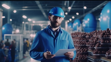 a worker holding a clip board with a blue hard hat on looking at a production facility with lots of chocolate. blue. 8k,