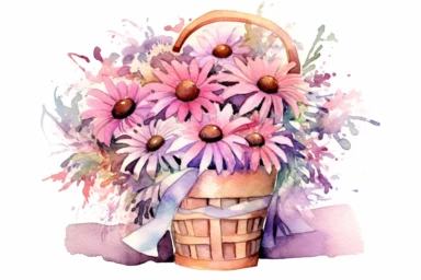 Watercolor , Echinacea in a Mesh basket, clipart, hd, on a white background, spaced out