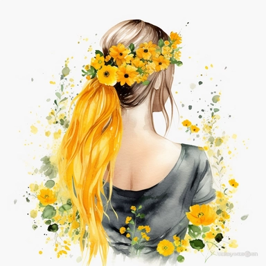 watercolor A woman's face, full body, back view Buttercups: These bright yellow flowers are a favorite among children and are often used to represent happiness and sunshine. with flowers and leaves adorning her hair. hair up with flowers vividly bold designs png Full body realistic cartoon in 32K UHD cute. 15 cm thick outline. Black color. There was no shadow on the ground. 8k with realistic watercolors. and detailed illustrations. PNG clipart, transparent white background